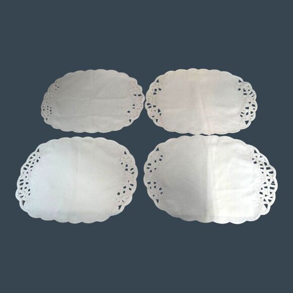 Set Of 4 Vintage Beige Lace Edge Oval Placemats Formal Linen Made In Philippines - Picture 1 of 10